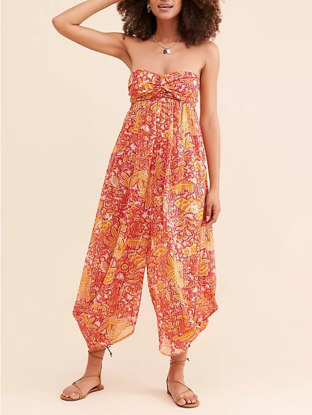 Anthropologie Harem Strapless Jumpsuit multicolor orange floral print size xs